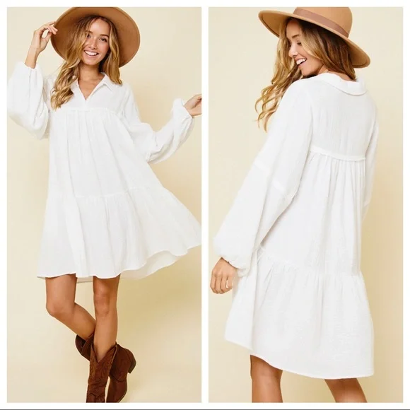 47 Boho Chic white Beautiful Long sleeve collar dress - Picture 2 of 5